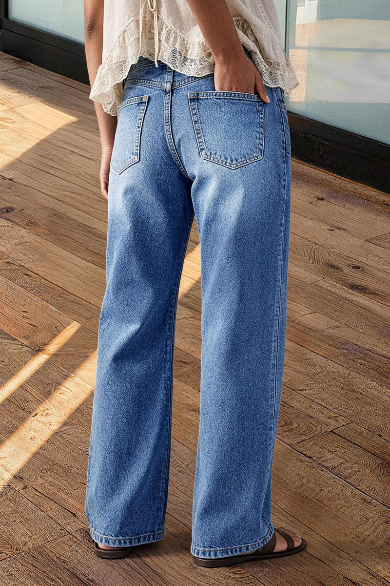 Wash Stitch Detail Mid Waist Straight Leg Jeans