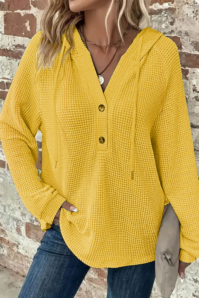 Waffle Knit Half Button Placket Drawstring Long Sleeve Hoodie