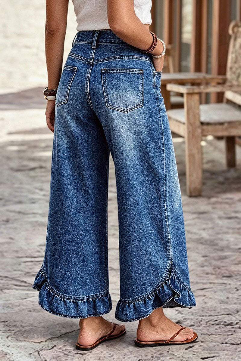 Wash Ruffle Hem Split Mid Waist Wide Leg Jeans