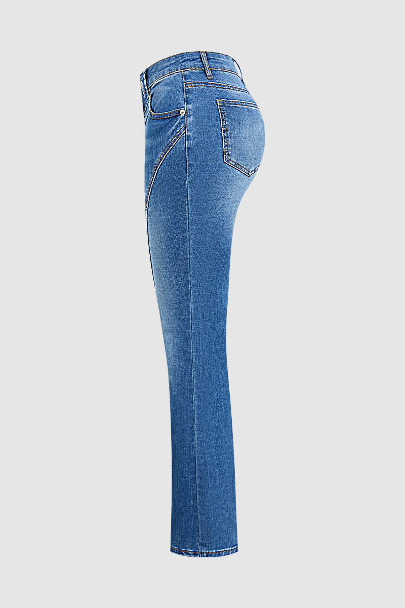 Wash Stitch Detail High Waist Bootcut Jeans Without Belt