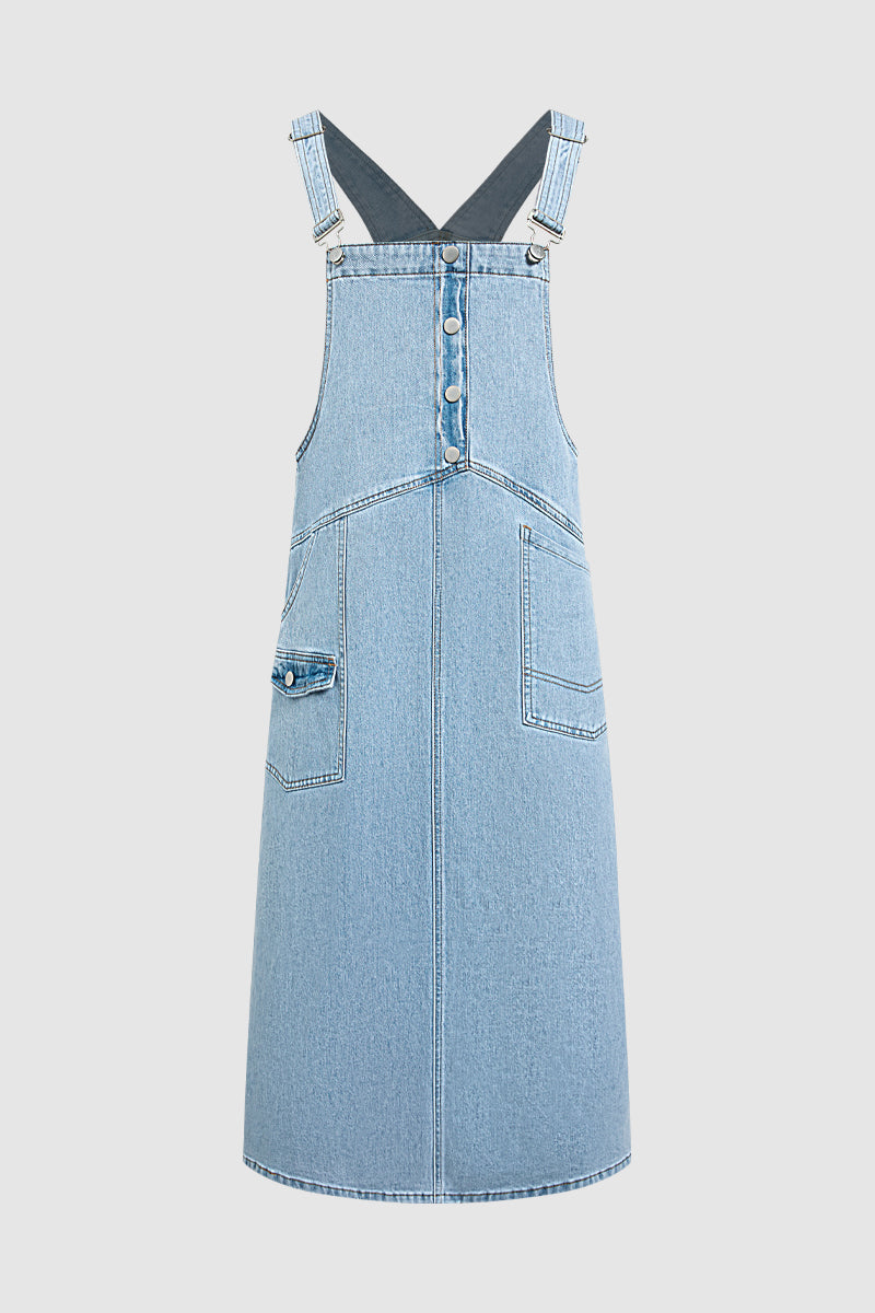 Wash Flap Pocket Stitch Detail High Waist Long Overall Dress