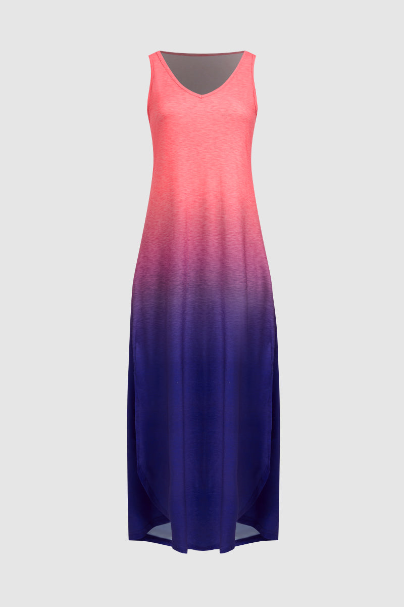 Ombre Split Side V Neck Maxi Tank Dress