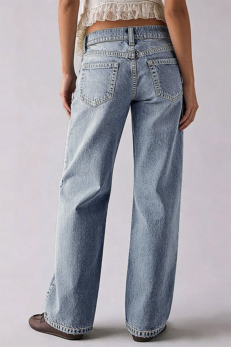 Wash Raw Hem Mid Rise Straight Leg Jeans