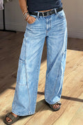 Wash Patch Pocket Stitch Detail Mid Waist Wide Leg Jeans Without Belt