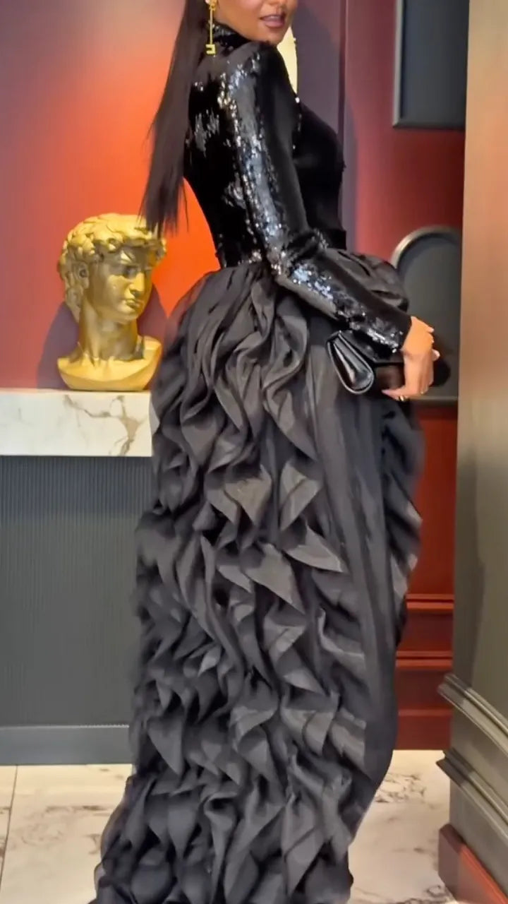 Black Sequin High-Neck Ruffle High-Low Dress
