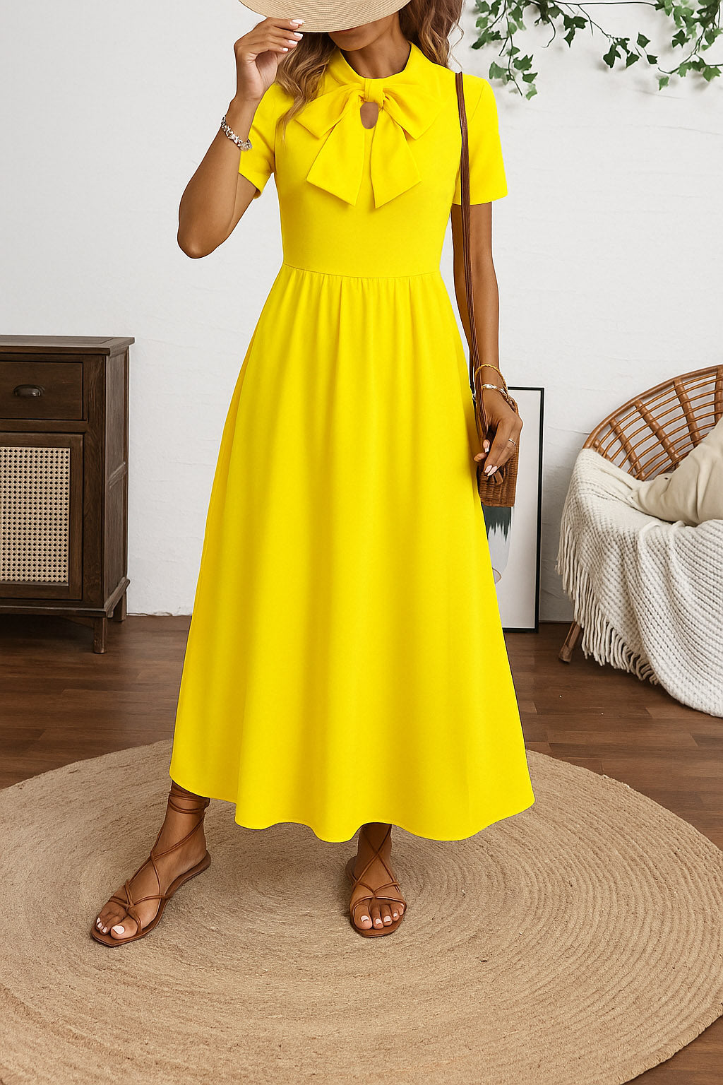 Solid Tie Neck Pleated Midi Dress