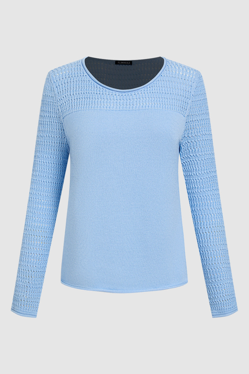 Pointelle Knit Round Neck Long Sleeve Sweater