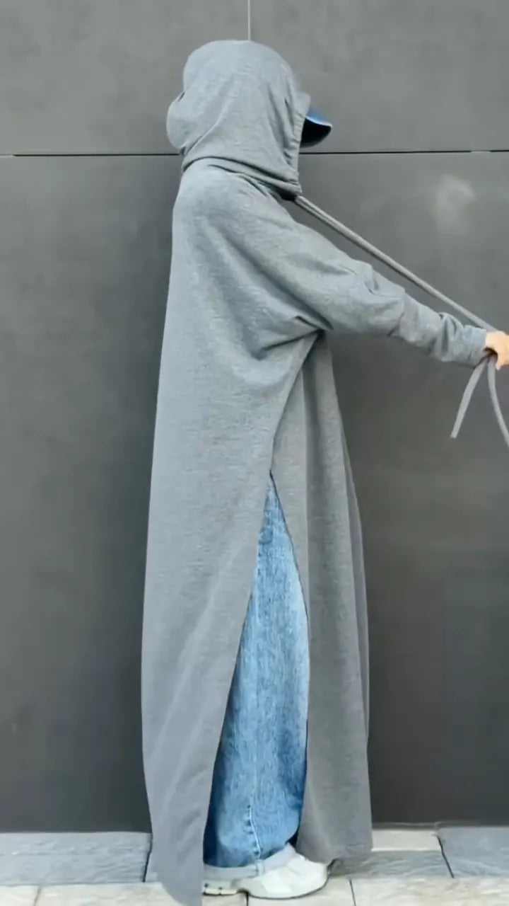 Gray Oversized Hooded Side-Slit Maxi Sweatshirt