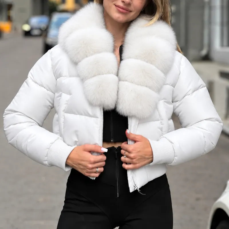 Cropped Puffer Jacket With Brown Fur Collar