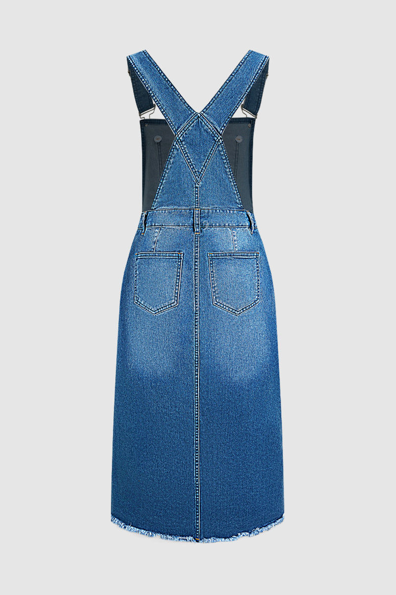 Wash Adjustable Raw Hem Button Fly Denim Overall Midi Dress