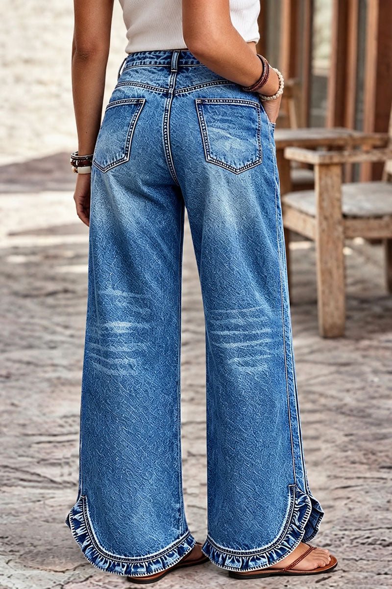 Wash Drawstring Split Ruffle Hem Mid Waist Wide Leg Jeans