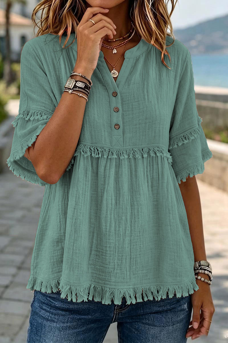 Solid Raw Hem Button Front Notched Neck Blouse