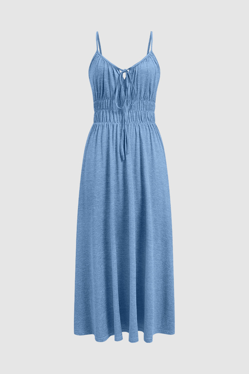 Drawstring Ruched Elastic V Neck Cami Long Dress