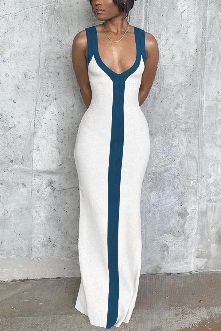 Two Tone Plunging Neck Split Maxi Dress