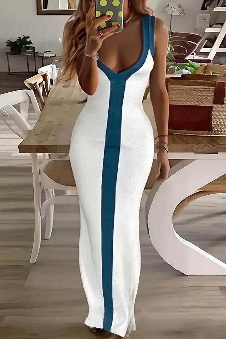 Two Tone Plunging Neck Split Maxi Dress