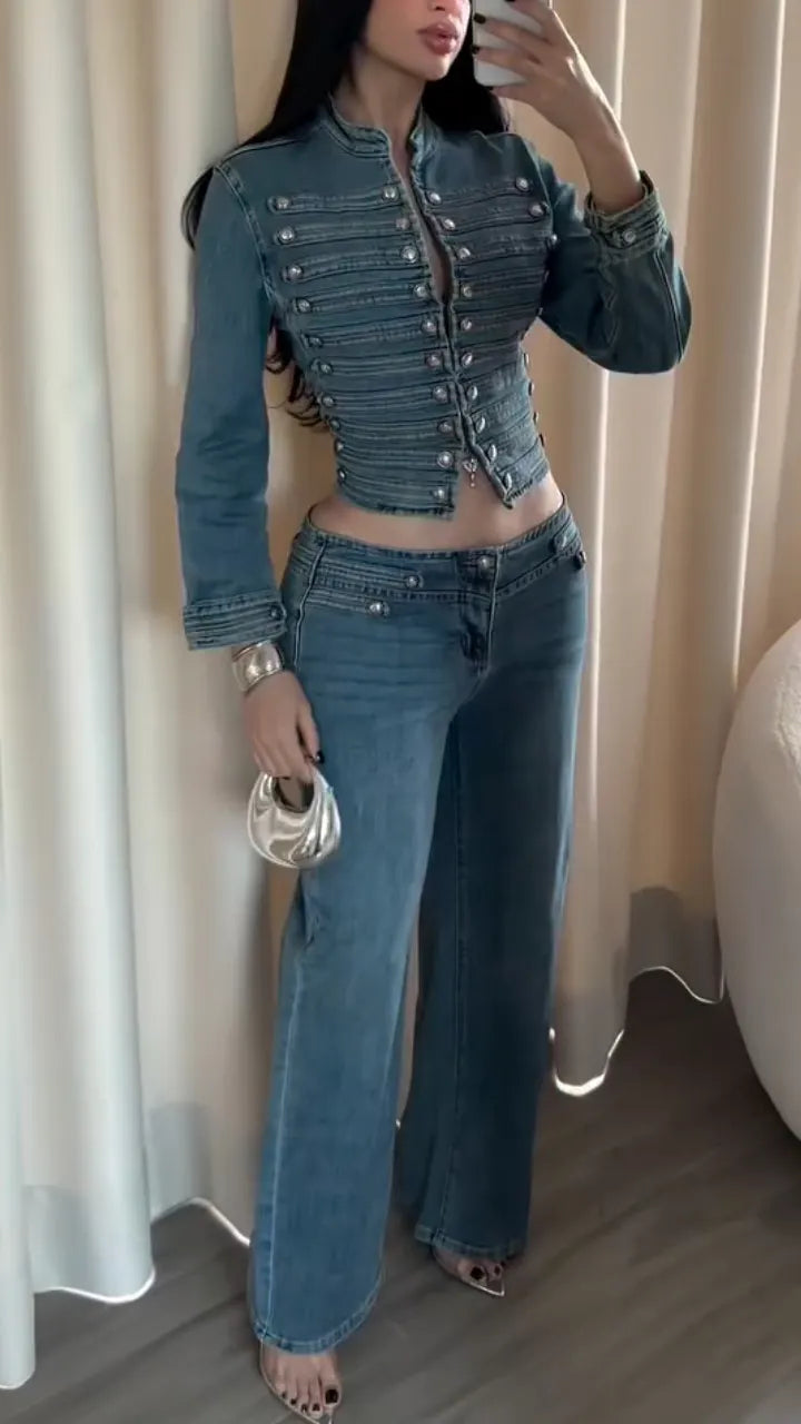 Blue Military-Tab Cropped Denim Jacket and Wide-Leg Jeans Set