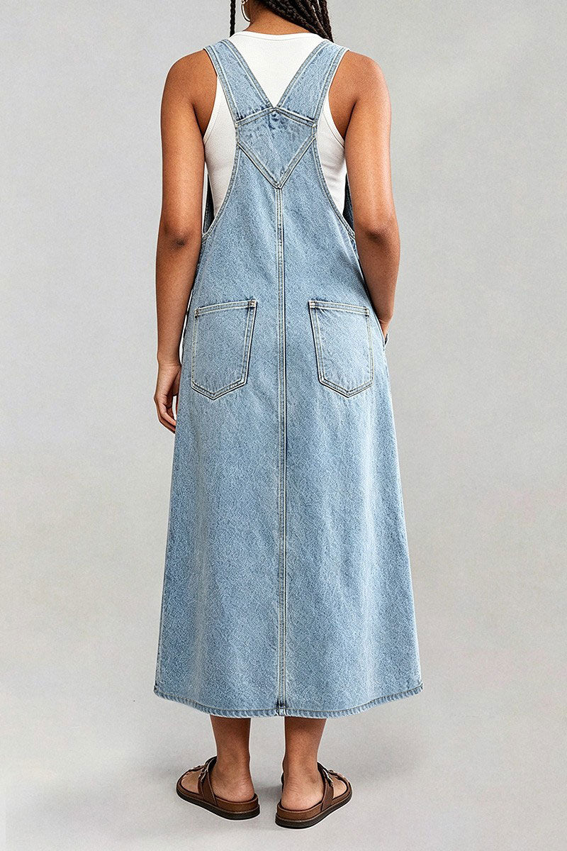Wash Flap Pocket Stitch Detail High Waist Long Overall Dress