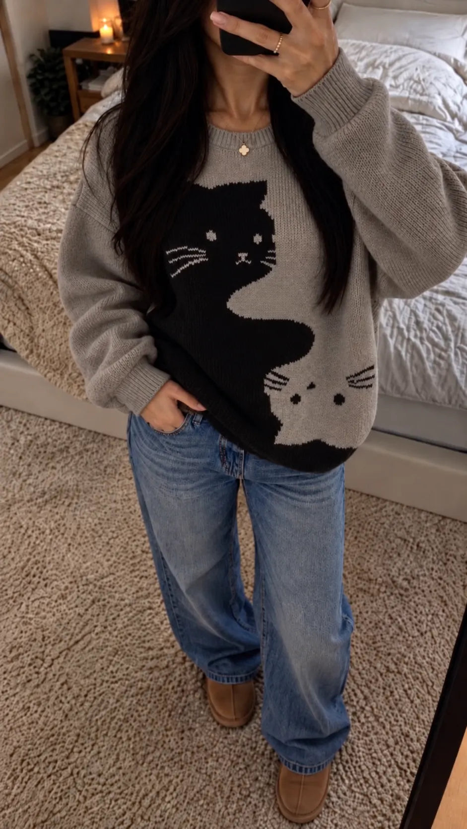 Taupe Black-Cat Graphic Oversized Sweater