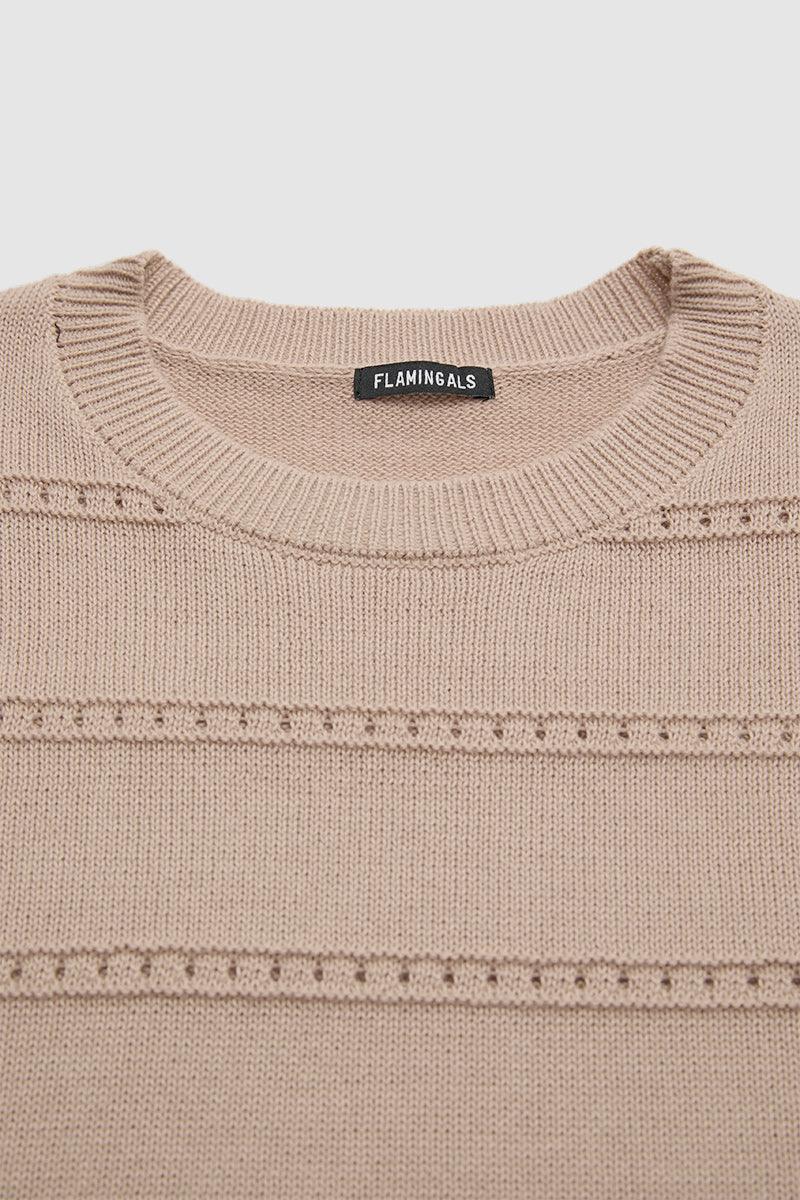 Solid Pointelle Knit Round Neck Long Sleeve Sweater