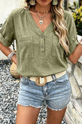 Button Decor Pocket Front V Neck Short Sleeve T-Shirt