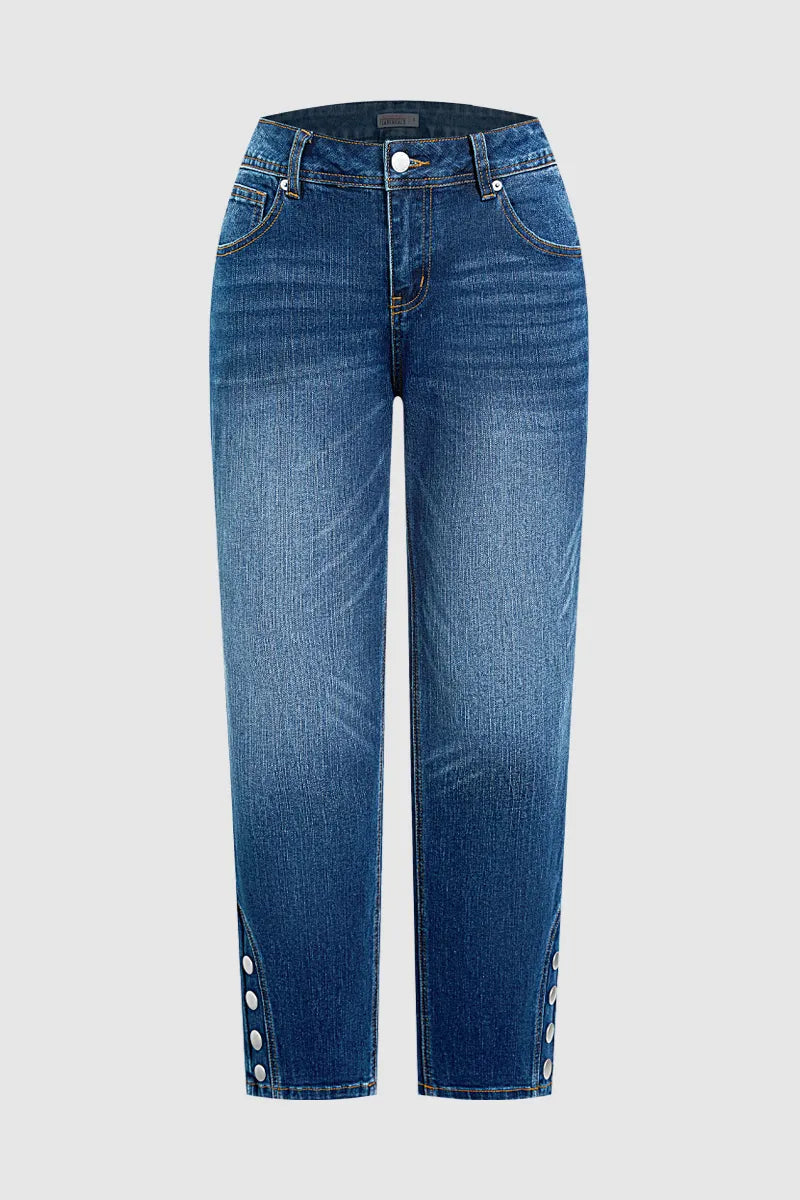 Wash Button Detail Mid Waist Straight Leg Cropped Jeans
