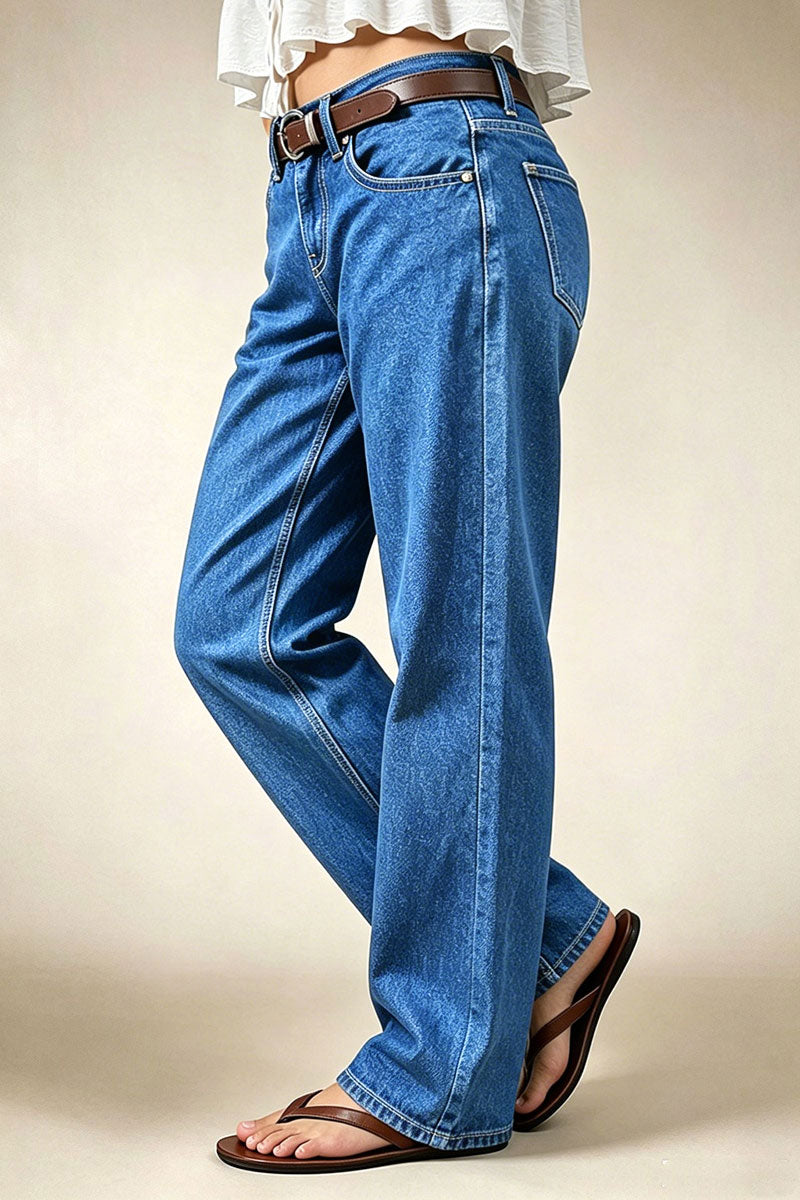 Wash Studded Mid Waist Straight Leg Jeans Without Belt