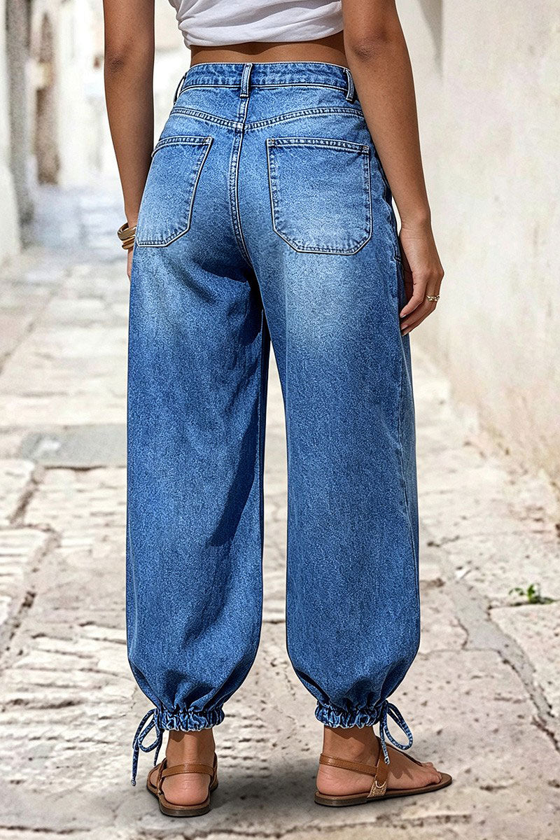 Flap Pocket Ruched Drawstring Mid Waist Balloon Leg Crop Jeans