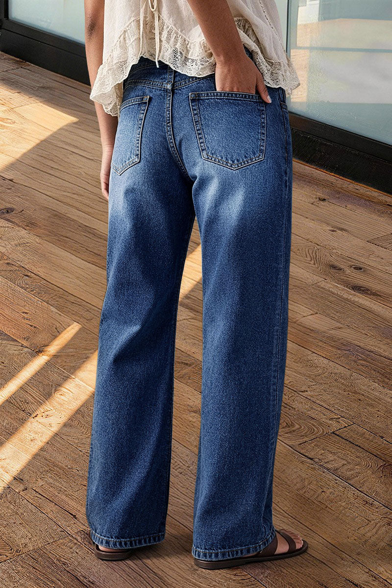 Wash Stitch Detail Mid Waist Straight Leg Jeans