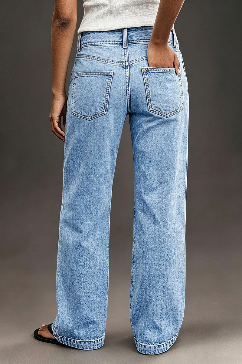 Wash Asymmetrical Stitch Detail Mid Waist Straight Leg Jeans