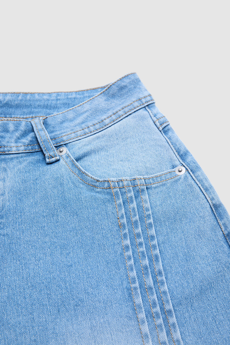 Wash Stitch Detail Mid Waist Straight Leg Jeans