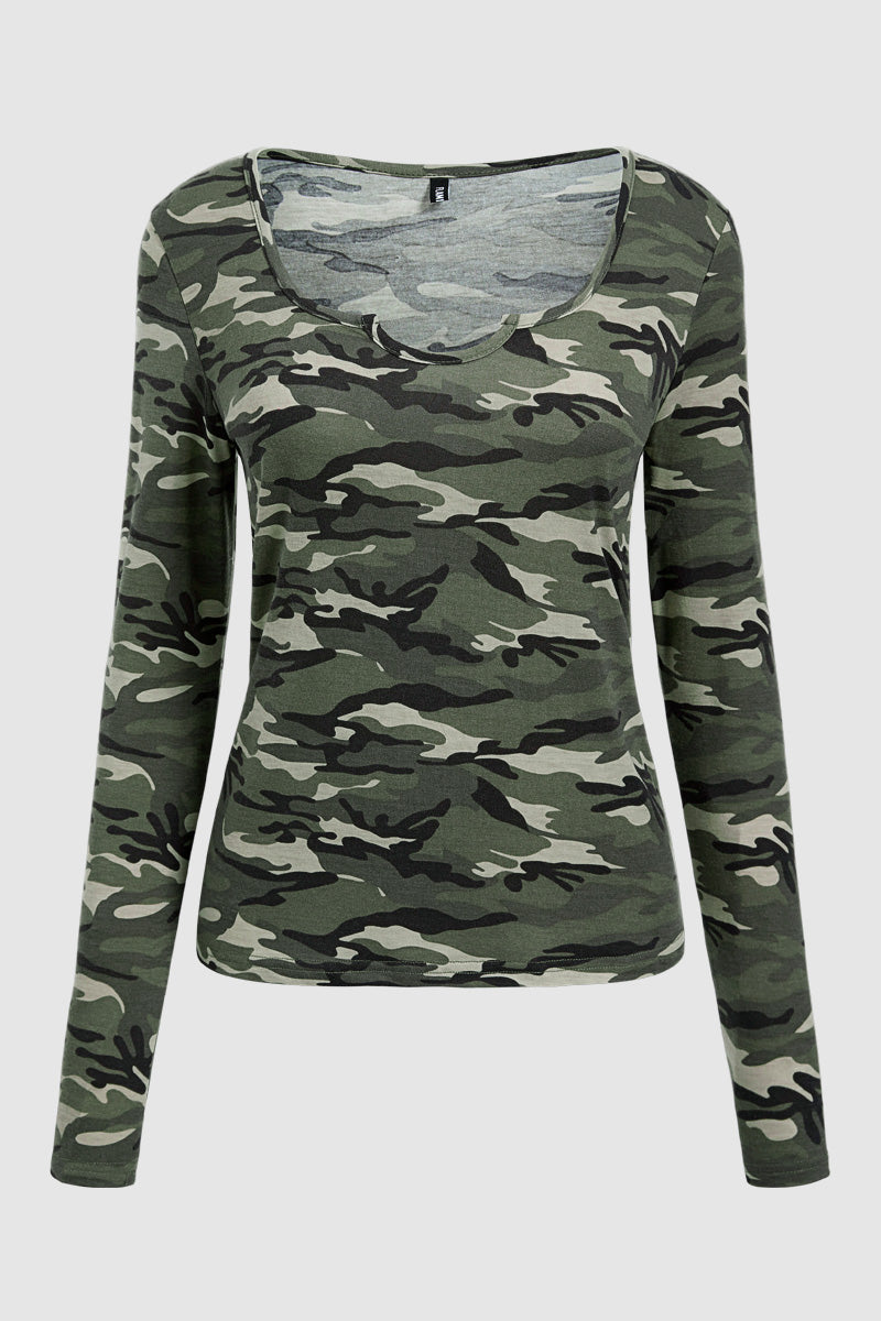 Camo Print Scoop Neck Long Sleeve T-Shirt