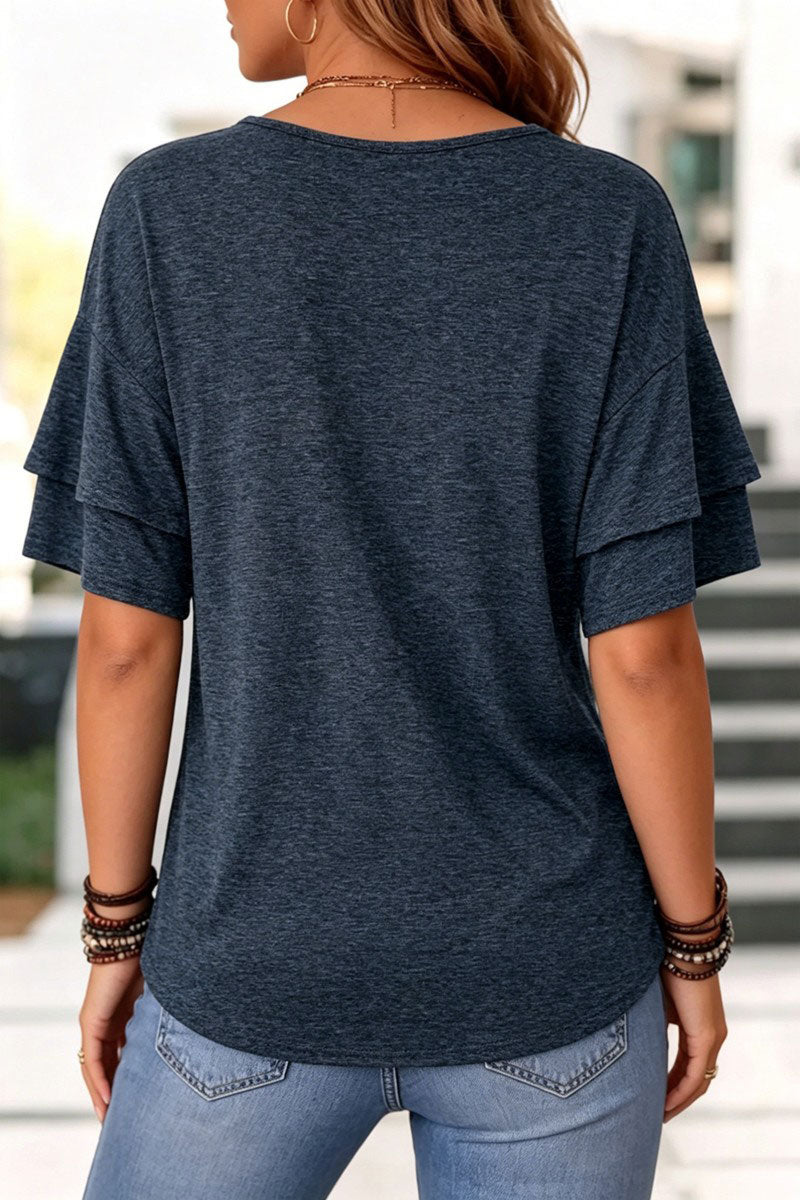 Solid Layered Sleeve V Neck T-Shirt