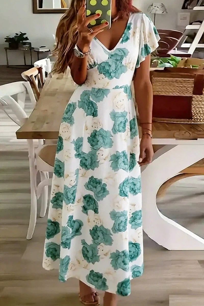 Floral Print Ruffle V Neck Maxi Dress