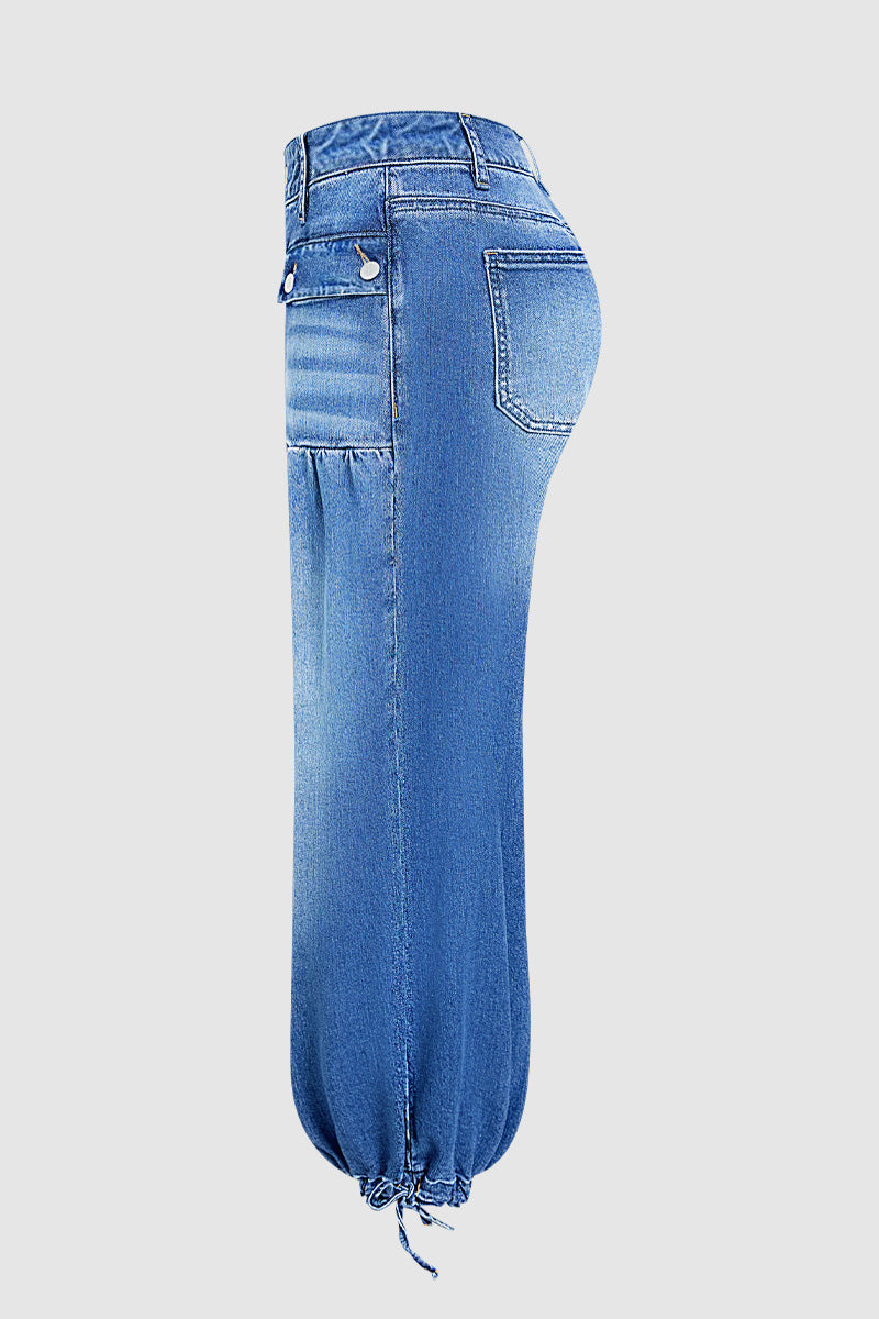 Flap Pocket Ruched Drawstring Mid Waist Balloon Leg Crop Jeans