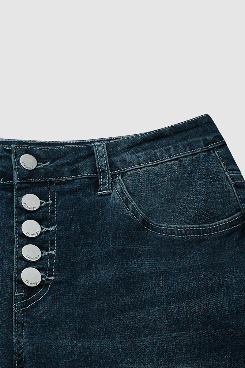 Button Up Roll Hem Low Waist Straight Leg Jeans