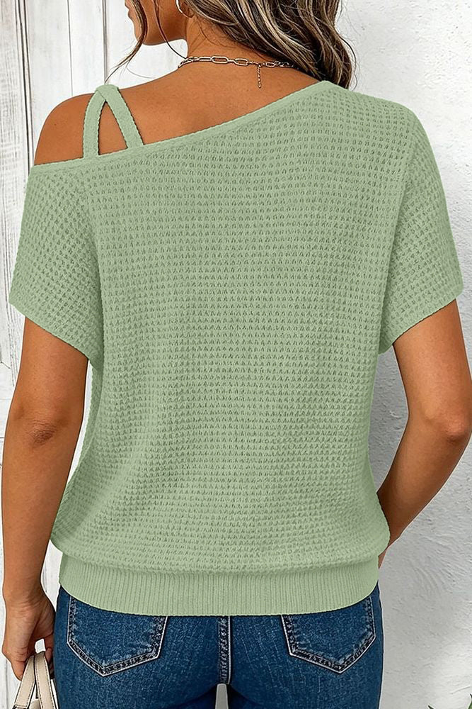 Solid Waffle Knit Asymmetrical Neck Batwing Sleeve T-Shirt