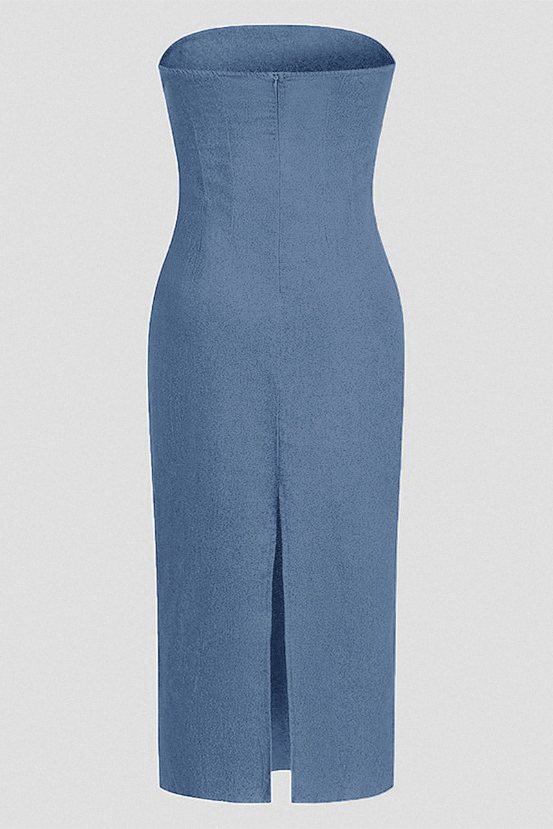 Zip Back Split Hem Strapless Maxi Dress