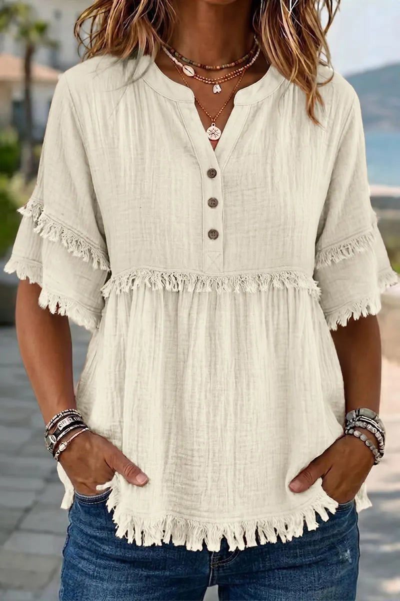 Solid Raw Hem Button Front Notched Neck Blouse