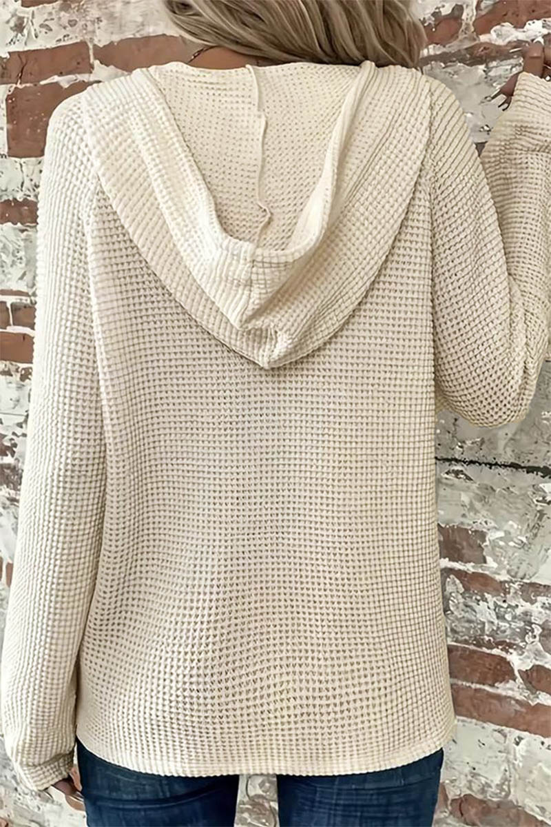 Waffle Knit Half Button Placket Drawstring Long Sleeve Hoodie