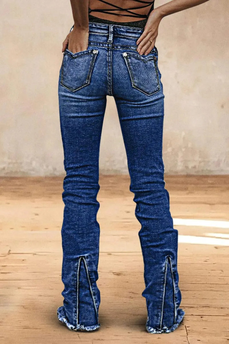 Wash Raw Hem V Cut Pocket Mid Rise Bootcut Jeans