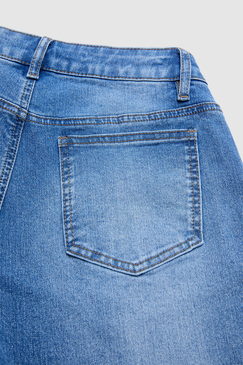 Wash Drawstring Split Ruffle Hem Mid Waist Wide Leg Jeans