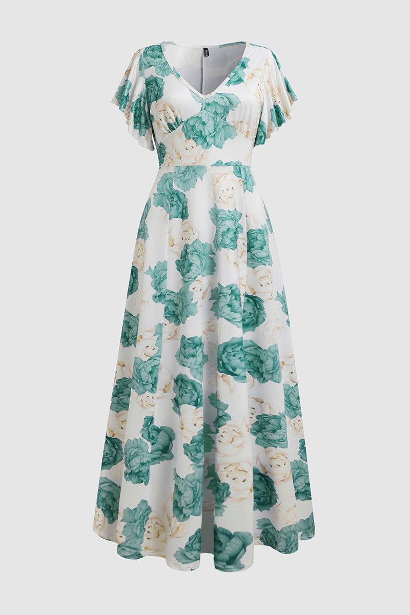 Floral Print Ruffle V Neck Maxi Dress