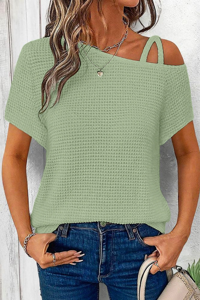 Solid Waffle Knit Asymmetrical Neck Batwing Sleeve T-Shirt
