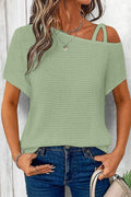 Solid Waffle Knit Asymmetrical Neck Batwing Sleeve T-Shirt