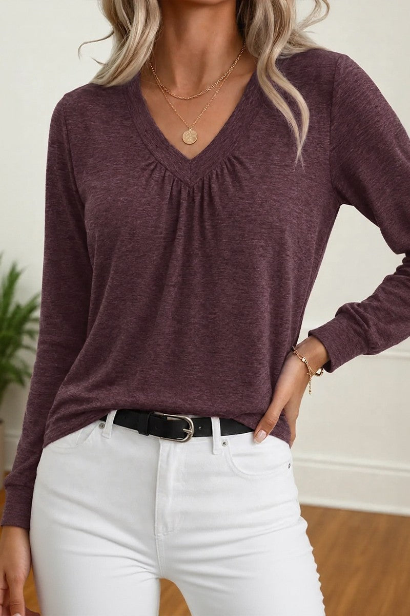 Solid Ruched V Neck Long Sleeve T-Shirt