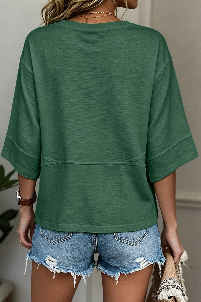 Solid Stitch Detail Round Neck Three Quarter Length Sleeve T-Shirt