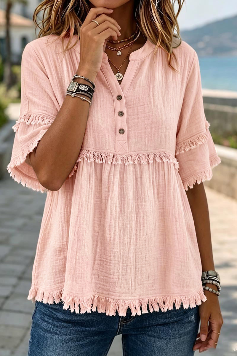 Solid Raw Hem Button Front Notched Neck Blouse
