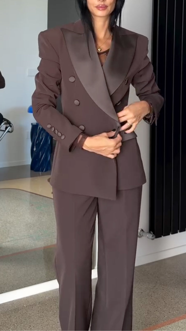 Charcoal Contrast-Lapel Double-Breasted Pantsuit