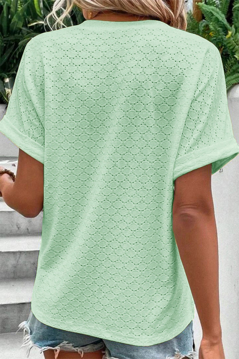 Solid Hollow Out Button Decor V Neck T-Shirt
