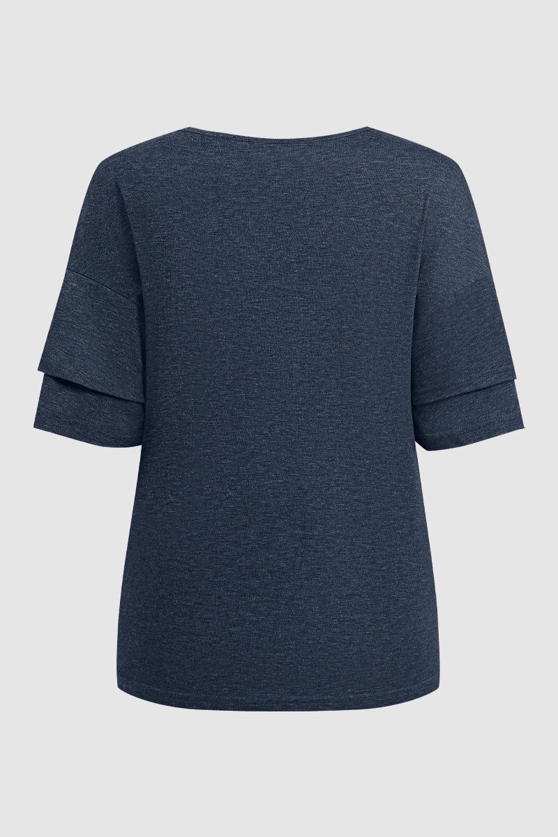 Solid Layered Sleeve V Neck T-Shirt